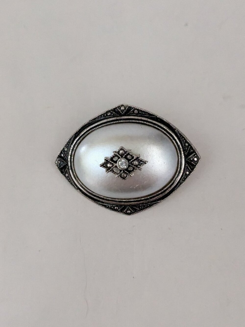Vintage Avon Oval Pearlized Cabochon Marcasite Style Pendant Brooch Pin